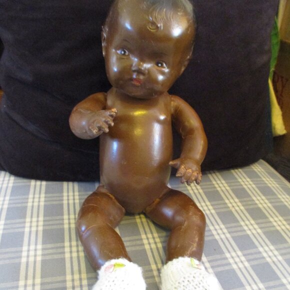 VTG 11" Black baby boy composition Doll, w/jointed limbs doll 1930's. TLC - Picture 9 of 11